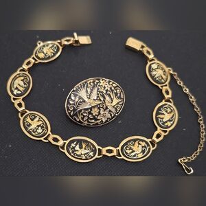 Spanish Damascene Bracelet And Brooch Pin Lot Birds Toledo's Set Vintage
